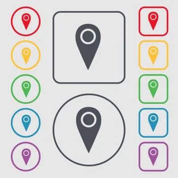 Map pointer icon sign. symbol on the Round and square buttons with frame. 库存插图