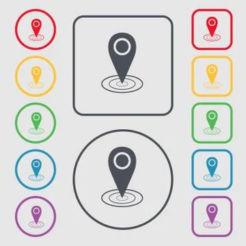 Map pointer icon sign. symbol on the Round and square buttons with frame. Stock Illustration