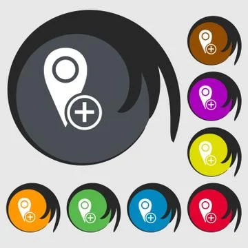 Map pointer icon sign. Symbols on eight colored buttons. Vector Stock Illustration