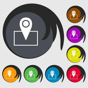 Map pointer icon sign. Symbols on eight colored buttons. Vector Stock Illustration