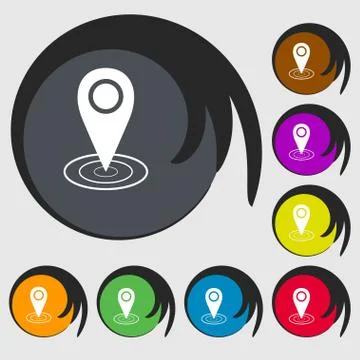 Map pointer icon sign. Symbols on eight colored buttons. Vector Stock Illustration