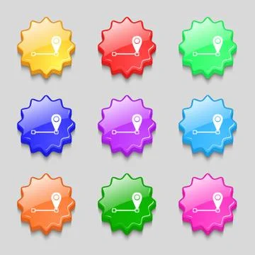 Map pointer icon sign. Symbols on nine wavy colourful buttons. Vector Stock Illustration