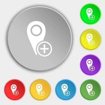 Map pointer icon sign. Symbols on eight flat buttons. Stock Illustration