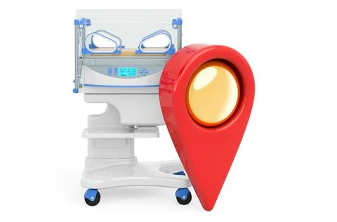 Map pointer with infant incubator. 3D rendering Illustrazione stock
