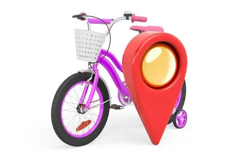 Map pointer with kids bicycle, 3D rendering Stock Illustration