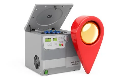 Map pointer with laboratory centrifuge, 3D rendering Illustrazione stock
