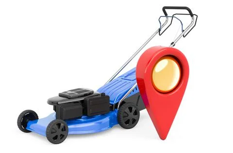 Map pointer with lawn mower, 3D rendering 库存插图