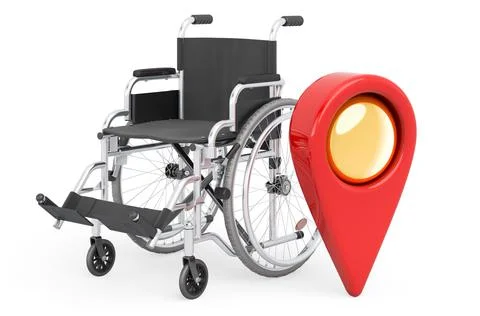 Map pointer with manual wheelchair. 3D rendering Illustrazione stock