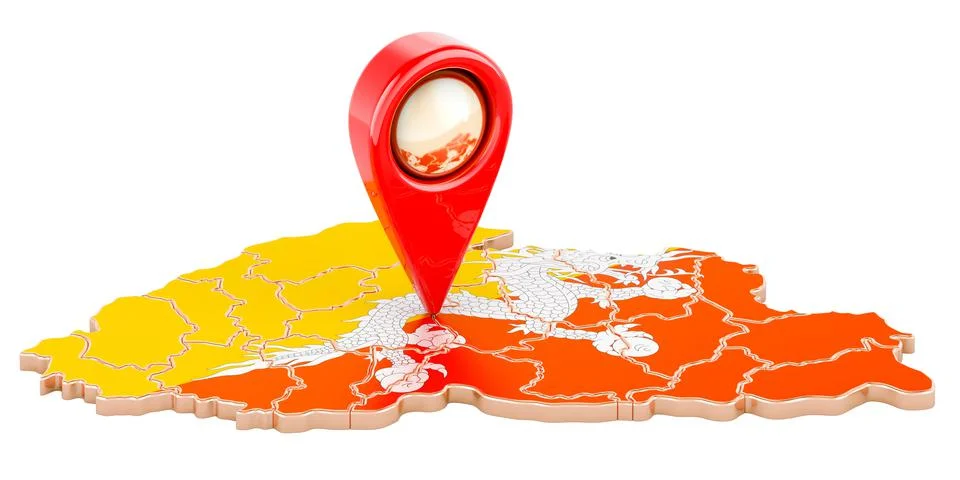 Map pointer on the map of Bhutan, 3D rendering Stock Illustration
