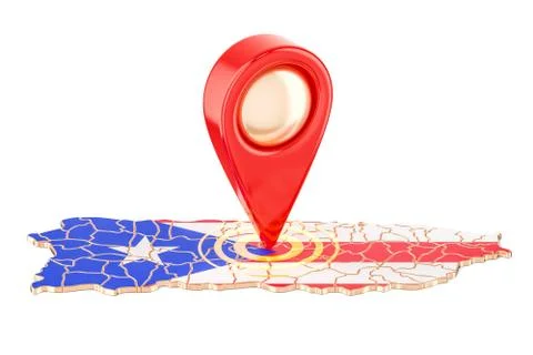 Map pointer on the map of Puerto Rico, 3D rendering Illustrazione stock