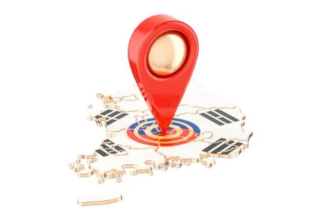 Map pointer on the map of South Korea, 3D rendering Illustrazione stock