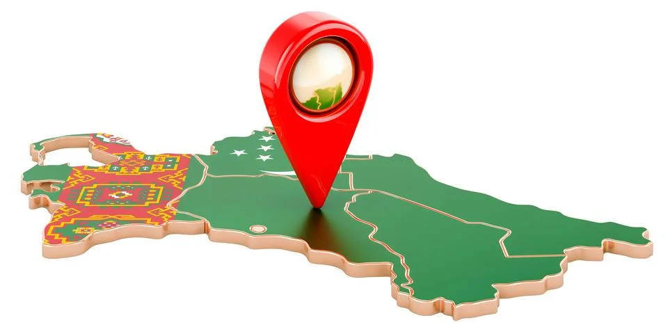 Map pointer on the map of Turkmenistan, 3D rendering Illustrazione stock