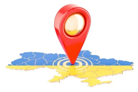 Map pointer on the map of Ukraine, 3D rendering Illustrazione stock