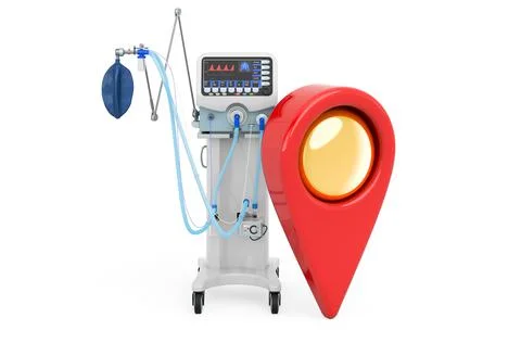 Map pointer with medical ventilator, 3D rendering Illustrazione stock