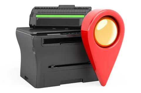 Map pointer with multifunction printer MFP, 3D rendering Stock Illustration