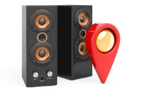 Map pointer with musical speakers, 3D rendering Stock Illustration