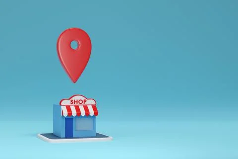 Map pointer over store building with copy space. Cartoon style. 3d illustrati Stock Illustration