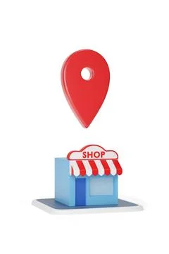 Map pointer over store building isolated on white background. Cartoon style.. Ilustração Stock