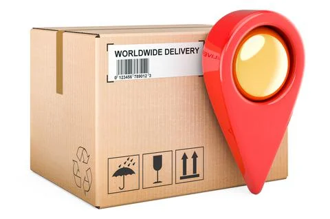 Map pointer with parcel. Parcel tracking concept. 3D rendering Stock Illustration