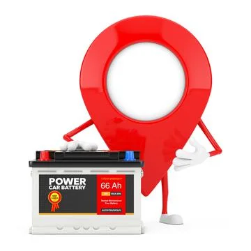 Map Pointer Pin Character Mascot and Rechargeable Car Battery 12V Accumulator Illustrazione stock