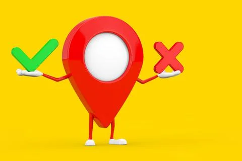 Map Pointer Pin Character Mascot with Red Cross and Green Check Mark, Confirm Stock Illustration
