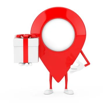 Map Pointer Pin Character Mascot with Gift Box and Red Ribbon. 3d Rendering Illustrazione stock