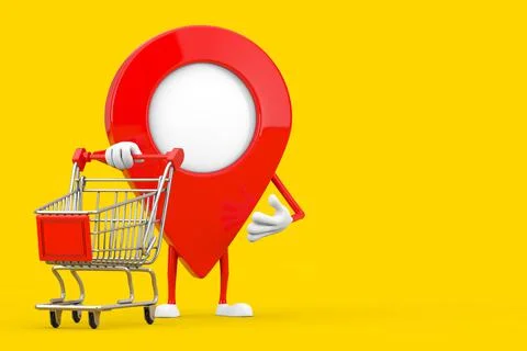 Map Pointer Pin Character Mascot with Shopping Cart Trolley. 3d Rendering 库存插图