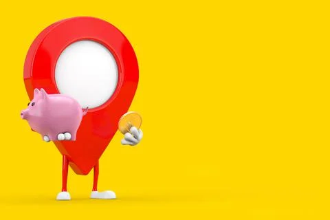 Map Pointer Pin Character Mascot with Piggy Bank and Golden Dollar Coin. 3d R Illustrazione stock