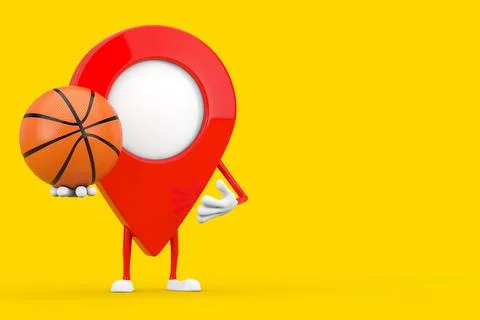 Map Pointer Pin Character Mascot with Basketball Ball. 3d Rendering 스톡 일러스트