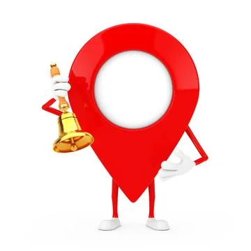 Map Pointer Pin Character Mascot with Vintage Golden School Bell. 3d Renderin Stock Illustration