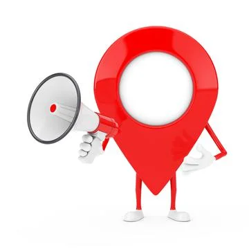 Map Pointer Pin Character Mascot with Red Retro Megaphone. 3d Rendering Stock Illustration