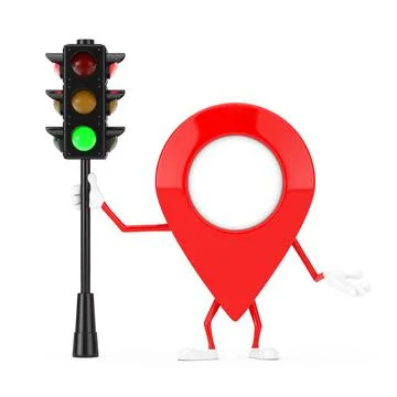 Map Pointer Pin Character Mascot with Traffic Green Light. 3d Rendering Illustrazione stock