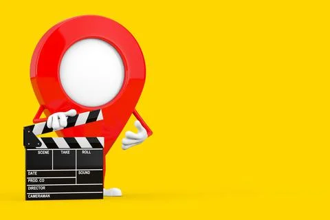 Map Pointer Pin Character Mascot with Movie Clapper Board. 3d Rendering Illustrazione stock