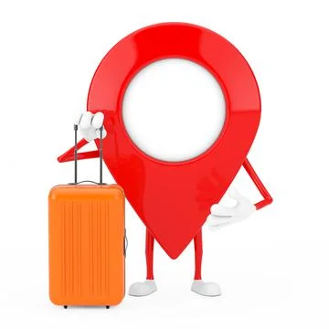Map Pointer Pin Character Mascot with Orange Travel Suitcase. 3d Rendering Stock Illustration