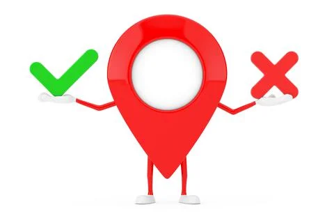 Map Pointer Pin Character Mascot with Red Cross and Green Check Mark, Confirm イラスト素材
