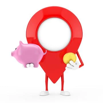 Map Pointer Pin Character Mascot with Piggy Bank and Golden Dollar Coin. 3d R Stock Illustration