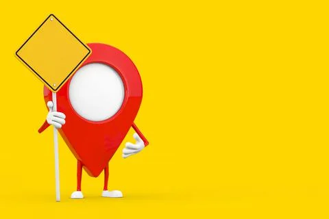 Map Pointer Pin Character Mascot and Yellow Road Sign with Free Space for You Stock Illustration