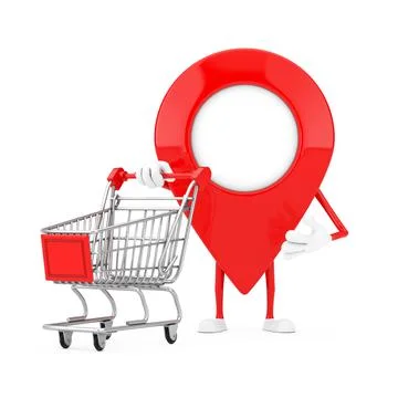 Map Pointer Pin Character Mascot with Shopping Cart Trolley. 3d Rendering Stock Illustration