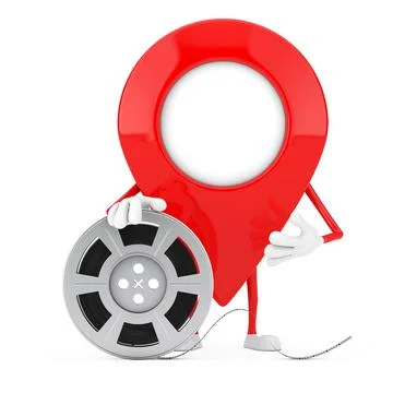 Map Pointer Pin Character Mascot with Film Reel Cinema Tape. 3d Rendering Illustrazione stock