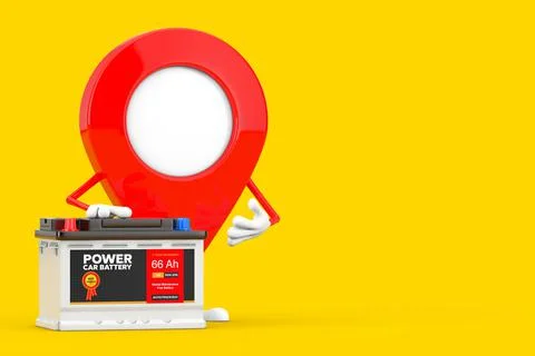 Map Pointer Pin Character Mascot and Rechargeable Car Battery 12V Accumulator Stock Illustration