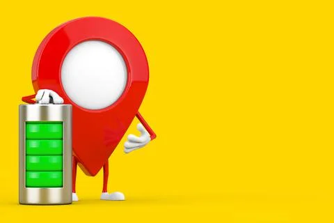 Map Pointer Pin Character Mascot with Abstract Charging Battery. 3d Rendering イラスト素材