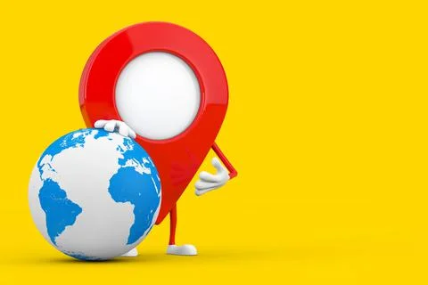 Map Pointer Pin Character Mascot with Earth Globe. 3d Rendering Illustrazione stock