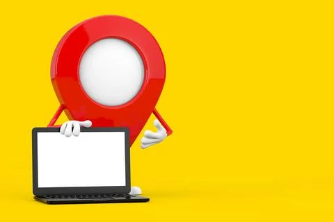 Map Pointer Pin Character Mascot with Modern Laptop Computer Notebook and Bla Stockillustratie