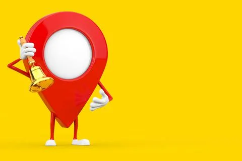 Map Pointer Pin Character Mascot with Vintage Golden School Bell. 3d Renderin Illustrazione stock