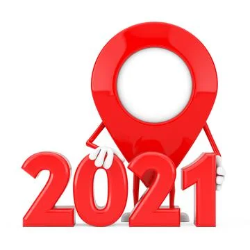Map Pointer Pin Character Mascot with 2021 New Year Sign. 3d Rendering Stock Illustration