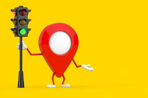 Map Pointer Pin Character Mascot with Traffic Green Light. 3d Rendering イラスト素材