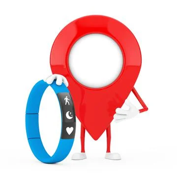 Map Pointer Pin Character Mascot with Blue Fitness Tracker. 3d Rendering Illustrazione stock