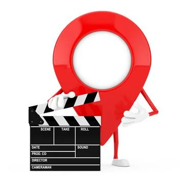 Map Pointer Pin Character Mascot with Movie Clapper Board. 3d Rendering 库存插图
