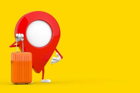 Map Pointer Pin Character Mascot with Orange Travel Suitcase. 3d Rendering Illustrazione stock