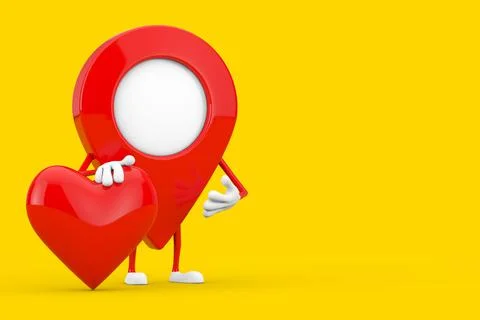 Map Pointer Pin Character Mascot with Red Heart. 3d Rendering Illustrazione stock